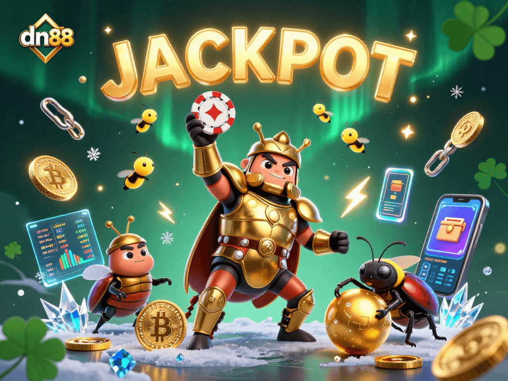 Join dn88's exhilarating gaming experience with lively characters celebrating a jackpot.