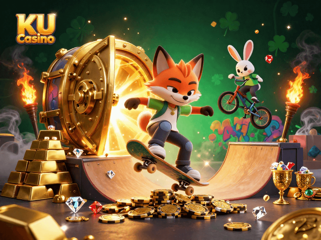 Experience excitement at KU Casino with vibrant fox and rabbit characters amidst a wealth of casino glitz.