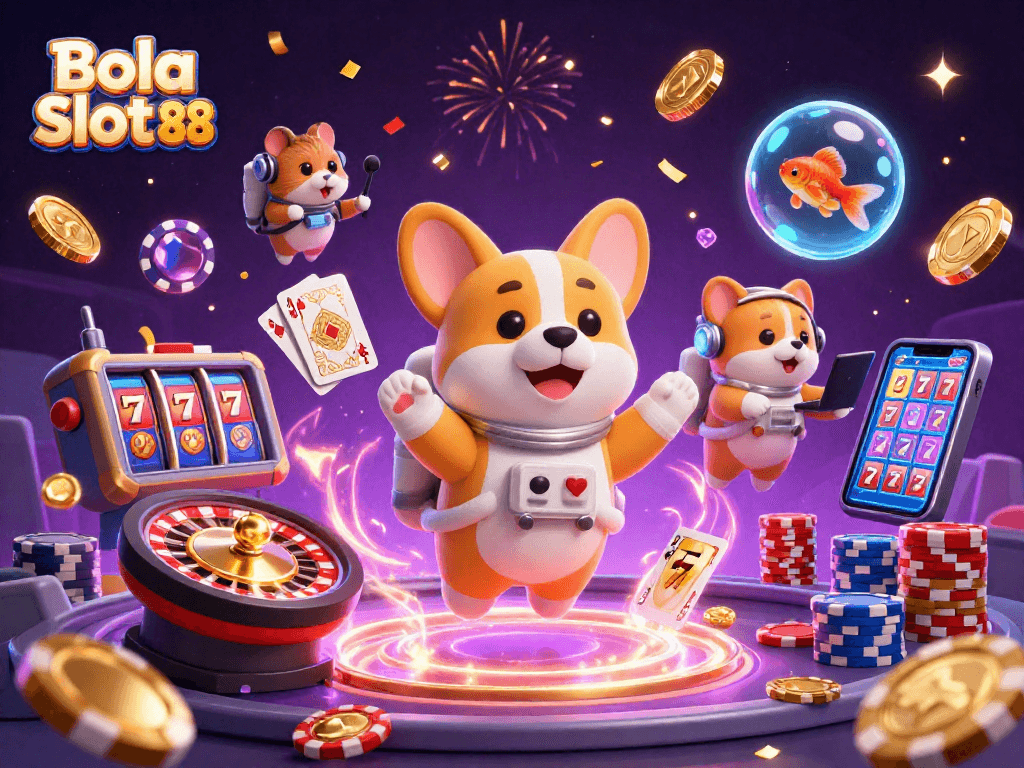 Bola Slot 88 showcases a whimsical casino scene in space with vibrant characters and dynamic gaming elements.