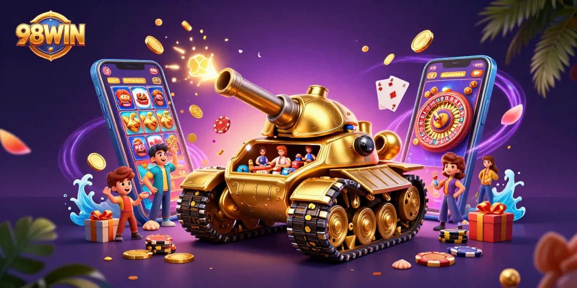 Experience the thrill of 98WIN with a vibrant casino scene bursting with life and excitement, featuring immersive game elements.