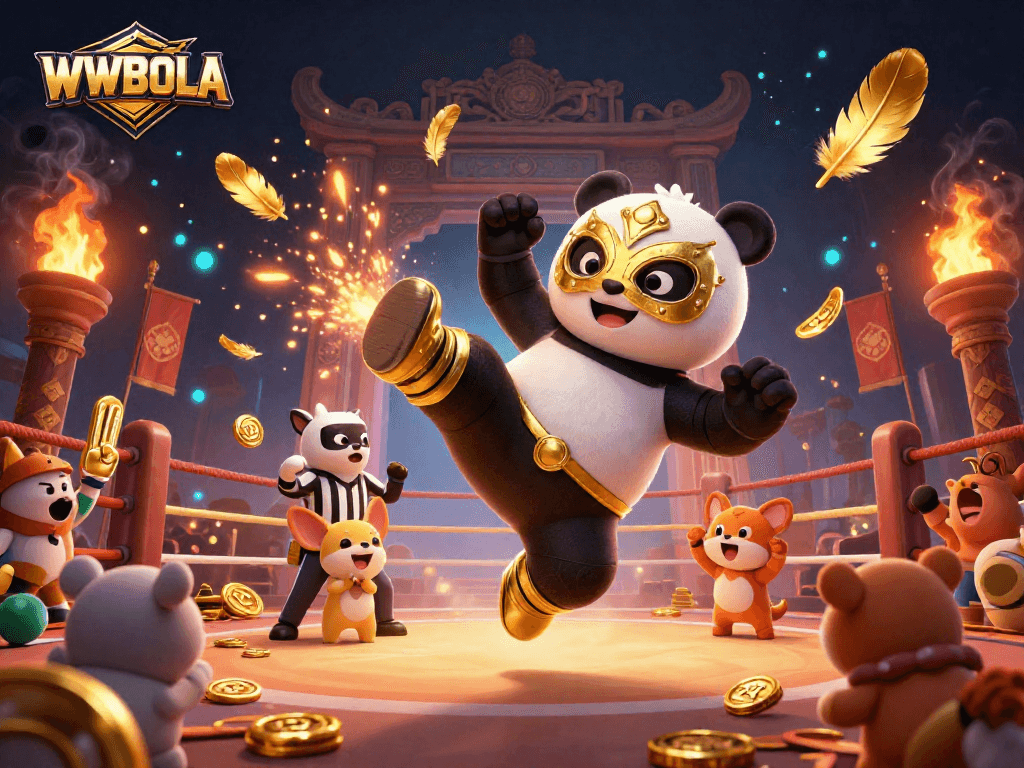 Menyaksikan aksi WWBOLA dengan panda pegulat terbang di arena pertarungan, pengalaman bermain seru.