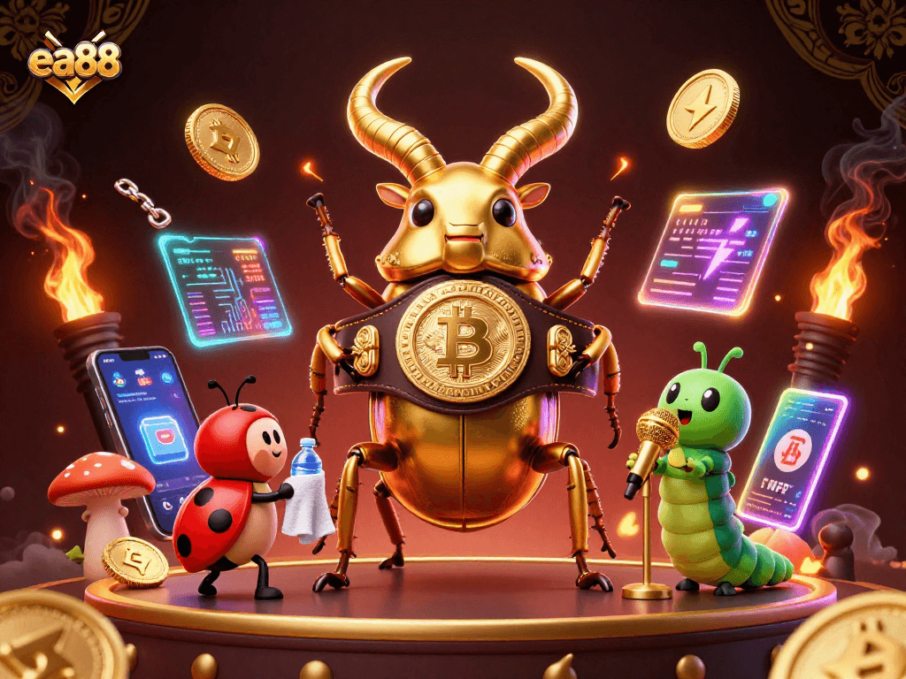 Experience the thrill of ea88 with a vibrant 3D casino illustration showcasing dynamic characters and crypto elements.