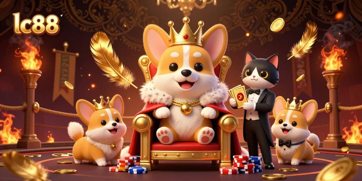 Experience thrilling jackpot wins at lc88 with a vibrant 3D casino scene featuring a corgi king and more.