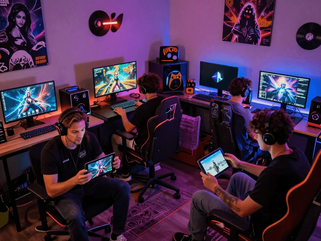 Engaged players exploring a sex simulator in a cozy gaming nook with vibrant lighting.