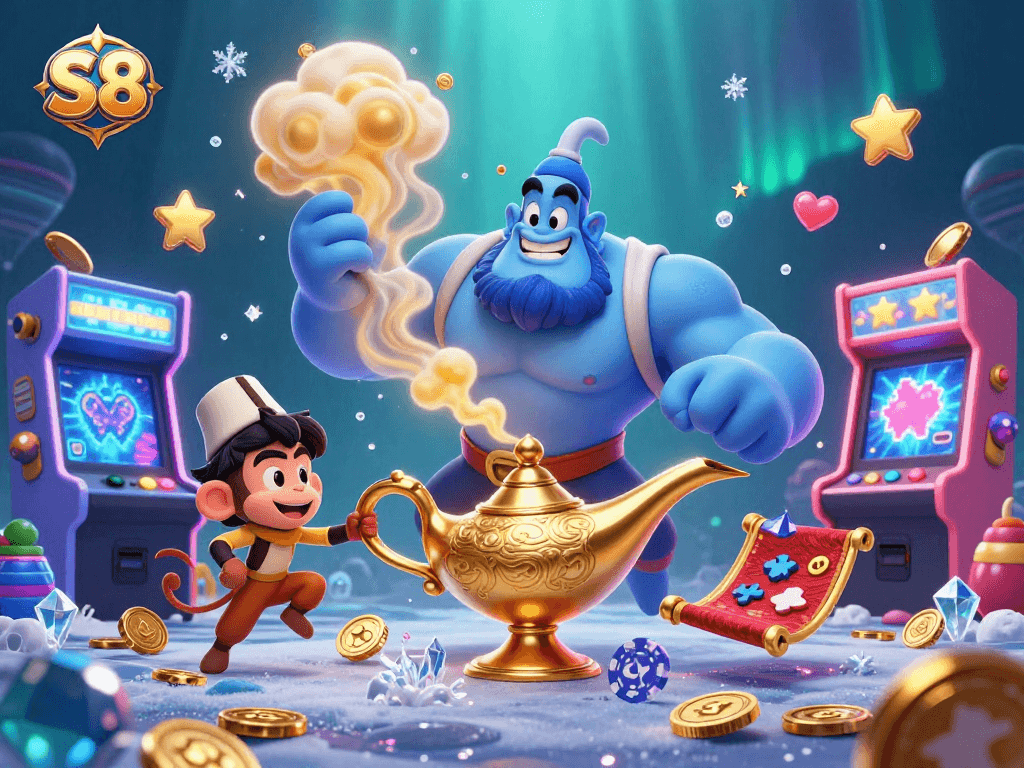S8 showcases a vibrant scene of a genie and playful monkey on a magic carpet, highlighting dynamic casino game elements.