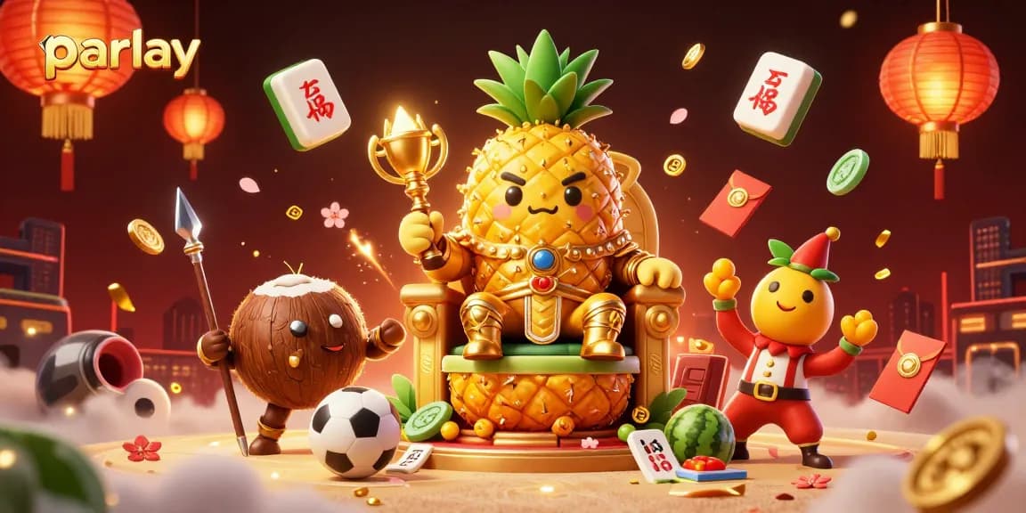 Bet on parlay strategies with a vibrant 3D casino scene featuring a golden pineapple king.