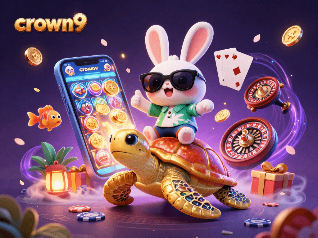 Spin and win at crown9 casino with a lucky rabbit and golden turtle, vibrant game elements and magical atmosphere.