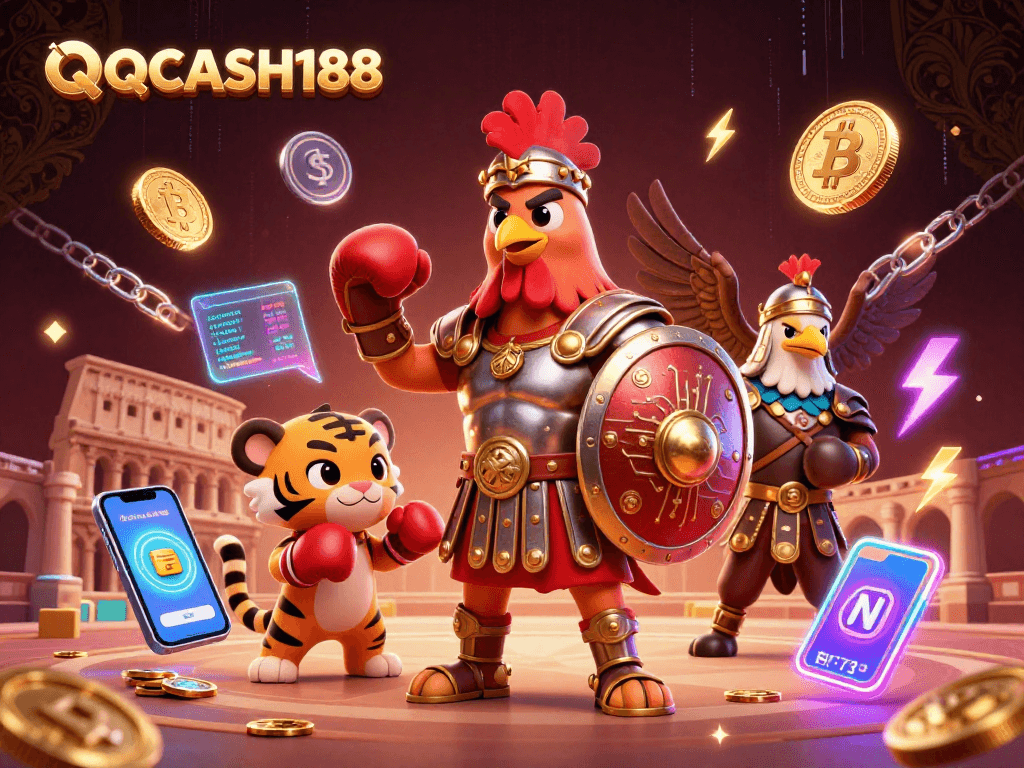 Experience QQCASH188 with a vibrant 3D scene showcasing a gladiator rooster, crypto elements, and dynamic casino themes.