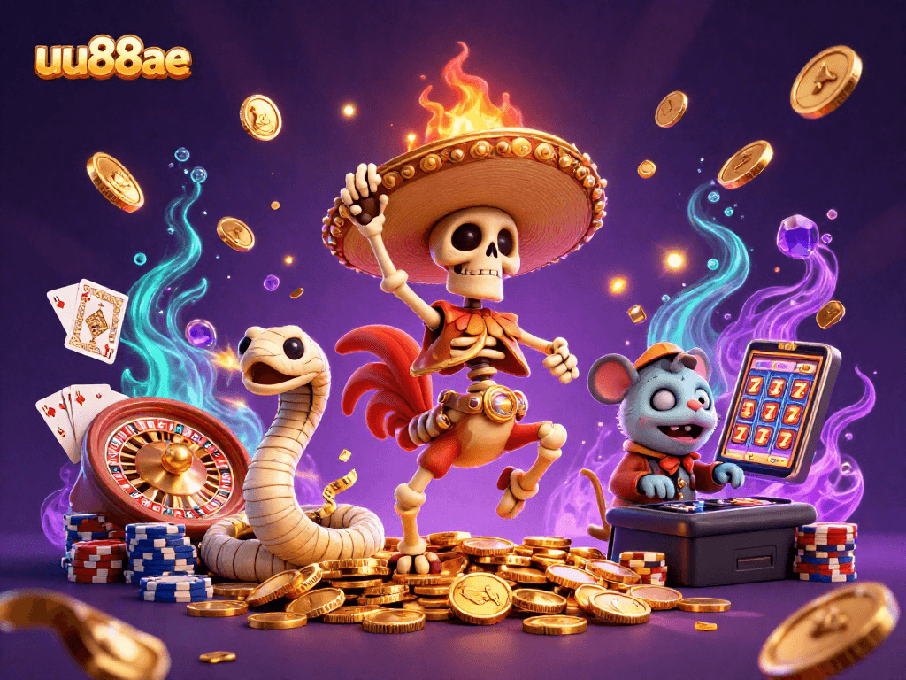 Win big at uu88ae as the mariachi rooster celebrates on a pile of coins amidst casino games.