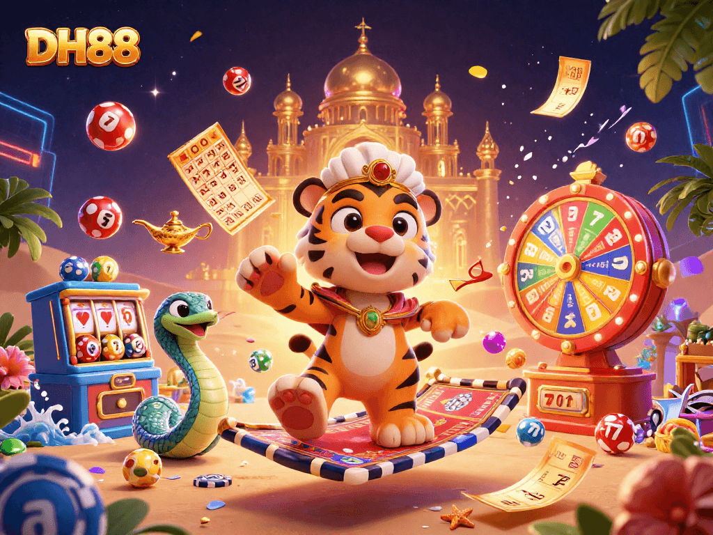 Engage with DH88's exciting gaming scene featuring vibrant casino elements and a magical Arabian Nights theme.