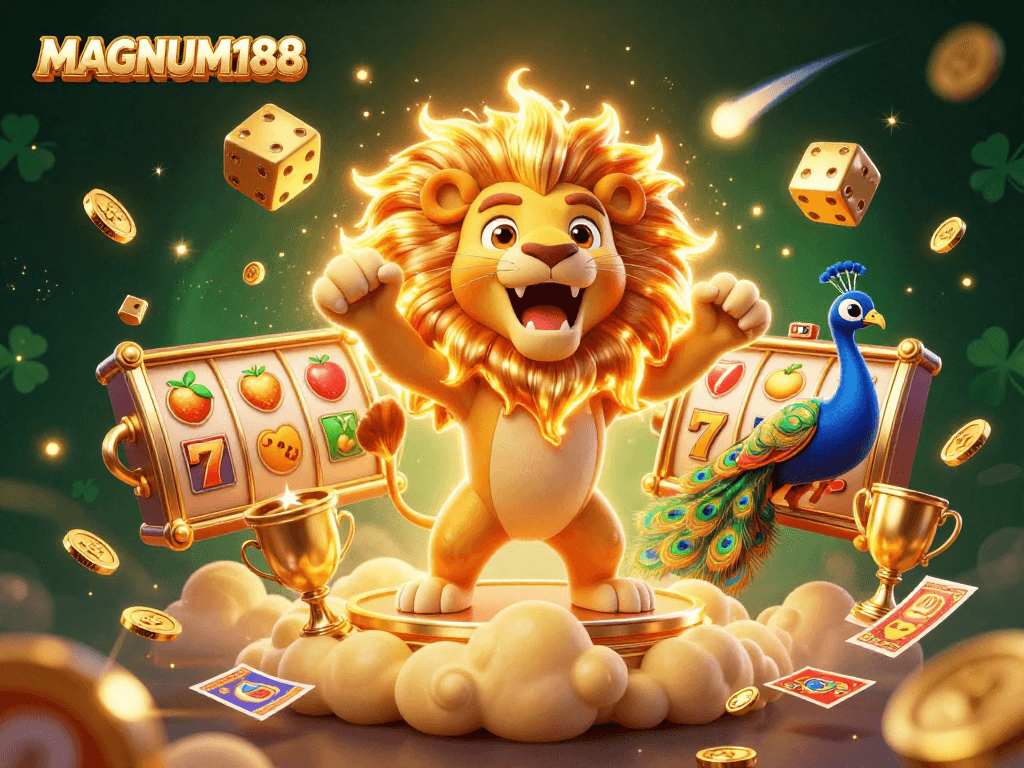 Experience winning slots at MAGNUM188 with vibrant reels, golden coins, and a roaring sun lion.