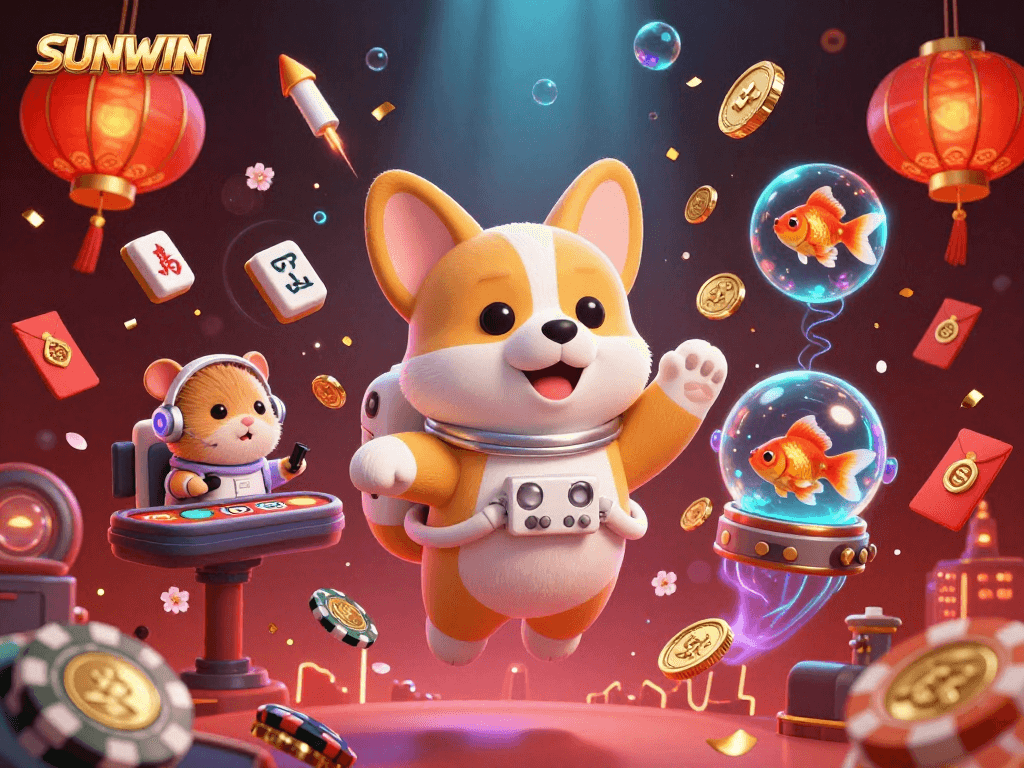 SUNWIN showcases a fun space-themed casino scene with an astronaut corgi and friends for a lively gaming experience.