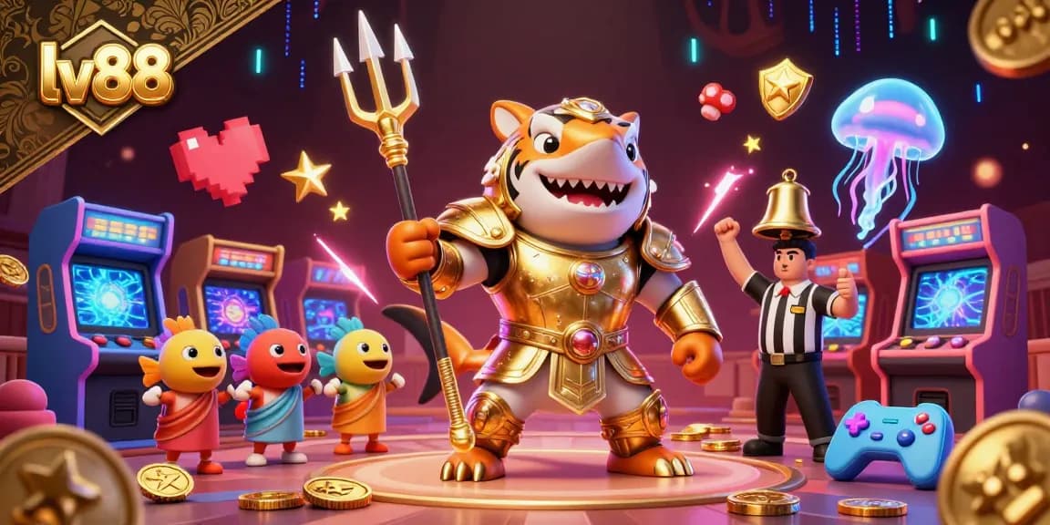Engage with lv88's thrilling underwater gaming adventure featuring a shark in gladiator armor.