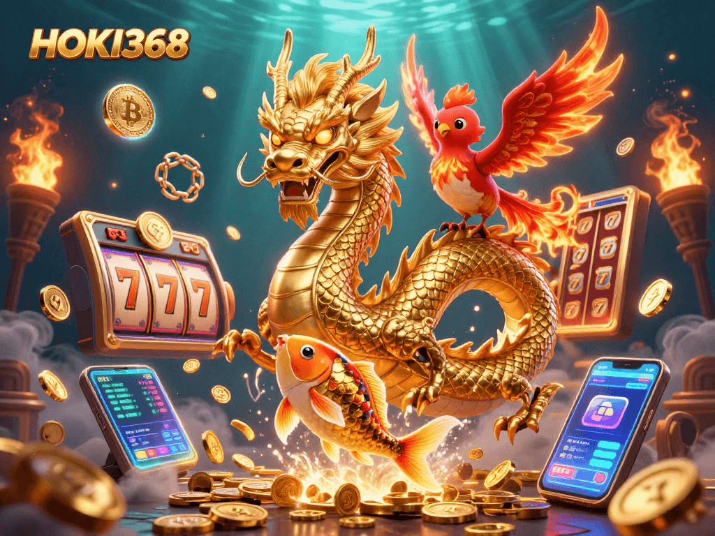 Experience winning spins at HOKI368 with vibrant 3D casino scenes of dragons, coins, and jackpots.