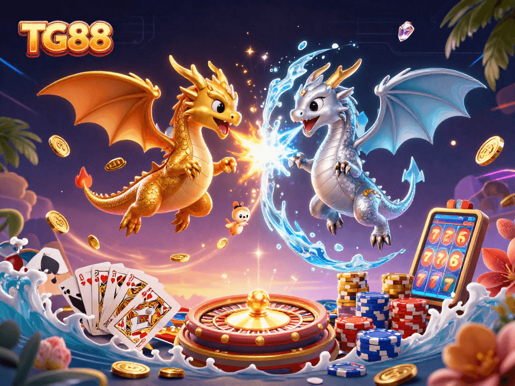 Experience winning thrills at TG88 with excited dragons amidst a vibrant casino scene.