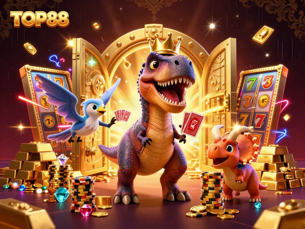 Play with TOP88 in a vibrant casino scene featuring characters and golden treasures.