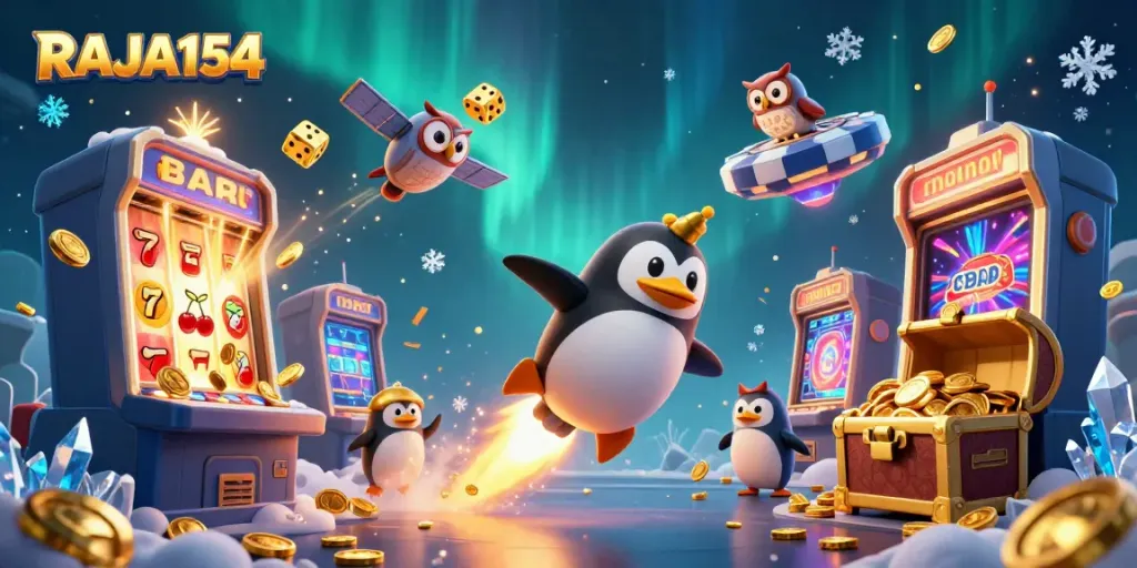 Experience thrilling gameplay with RAJA154 featuring a dynamic penguin and a vibrant casino scene.