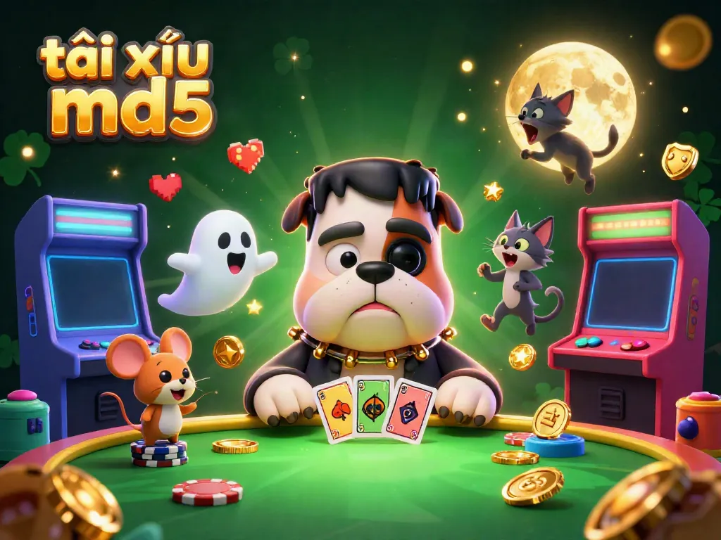 Engage in exhilarating gameplay with tài xỉu md5 in a lively casino environment featuring unique characters and colorful elements.