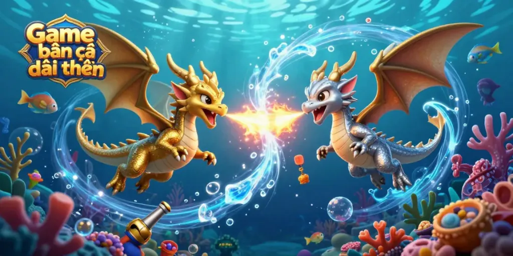 Engaging scene of Game bắn cá đổi thưởng with mystical twin dragons amidst dynamic underwater elements and treasures.