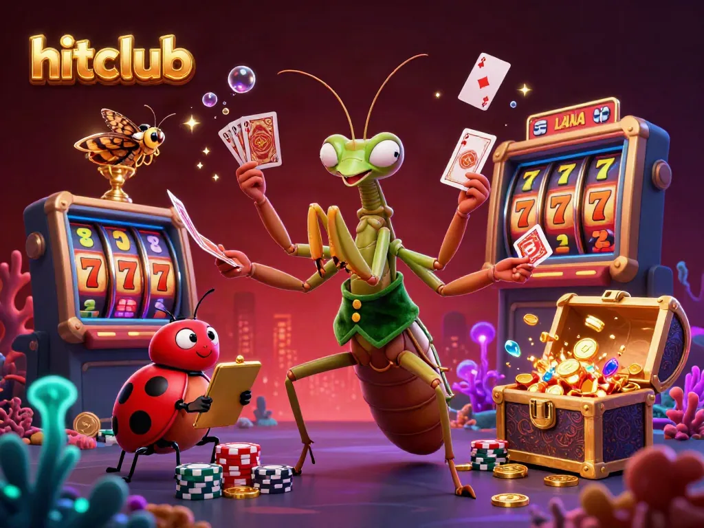 Experience hitclub's vibrant casino atmosphere with colorful slot reels and characters in energetic play.