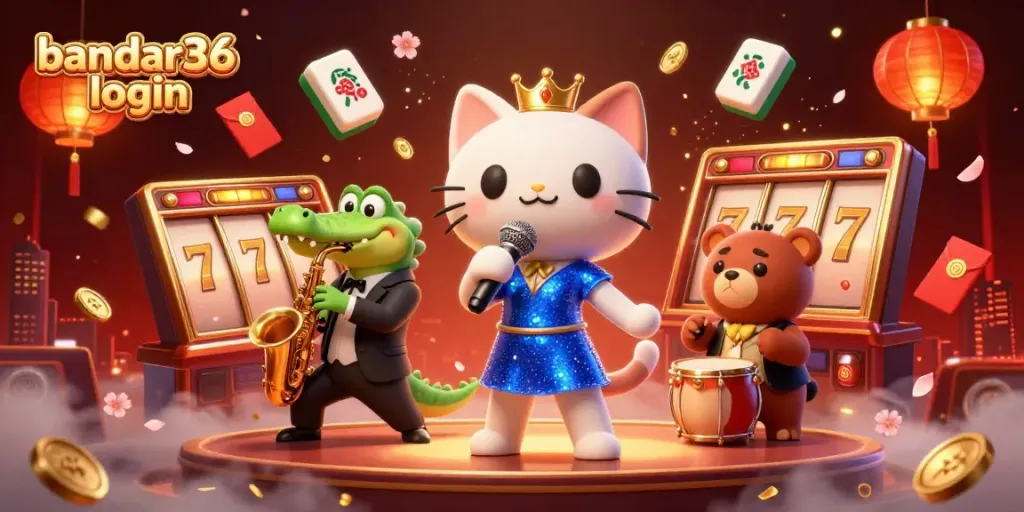 Bandar36 login dengan ilustrasi 3D kucing penyanyi jazzy, buaya, dan beruang cub di panggung kasino.