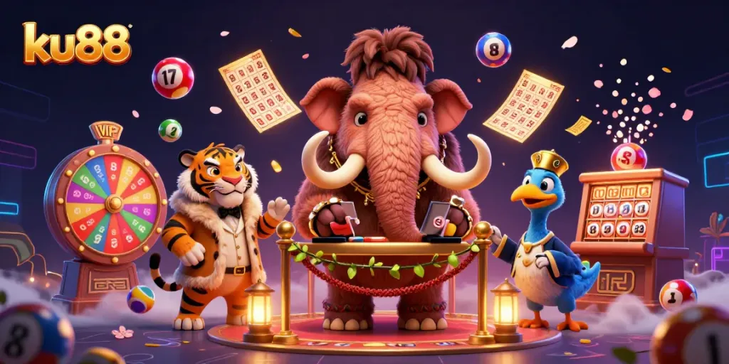 ku88 vibrant casino scene with a mammoth bouncer, lottery elements, and colorful visuals