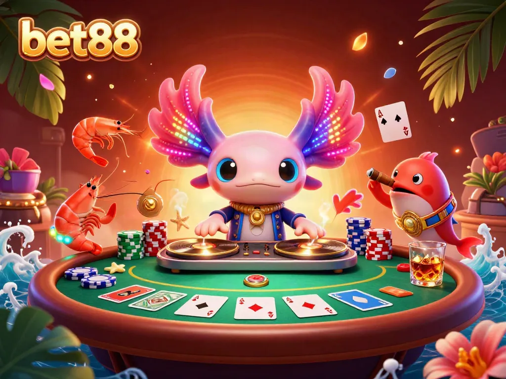 Experience the thrilling atmosphere of bet88 with a neon-colored axolotl DJ spinning tunes at an underwater casino.