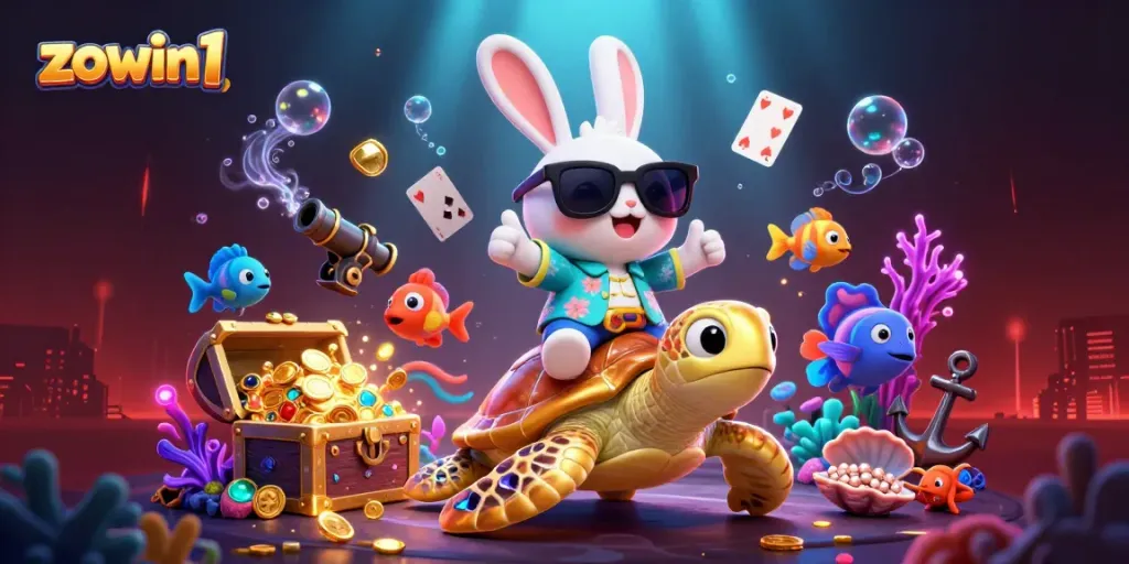 Experience winning fun with zowin1, featuring a lucky rabbit and golden sea turtle in vibrant casino-themed underwater scene.