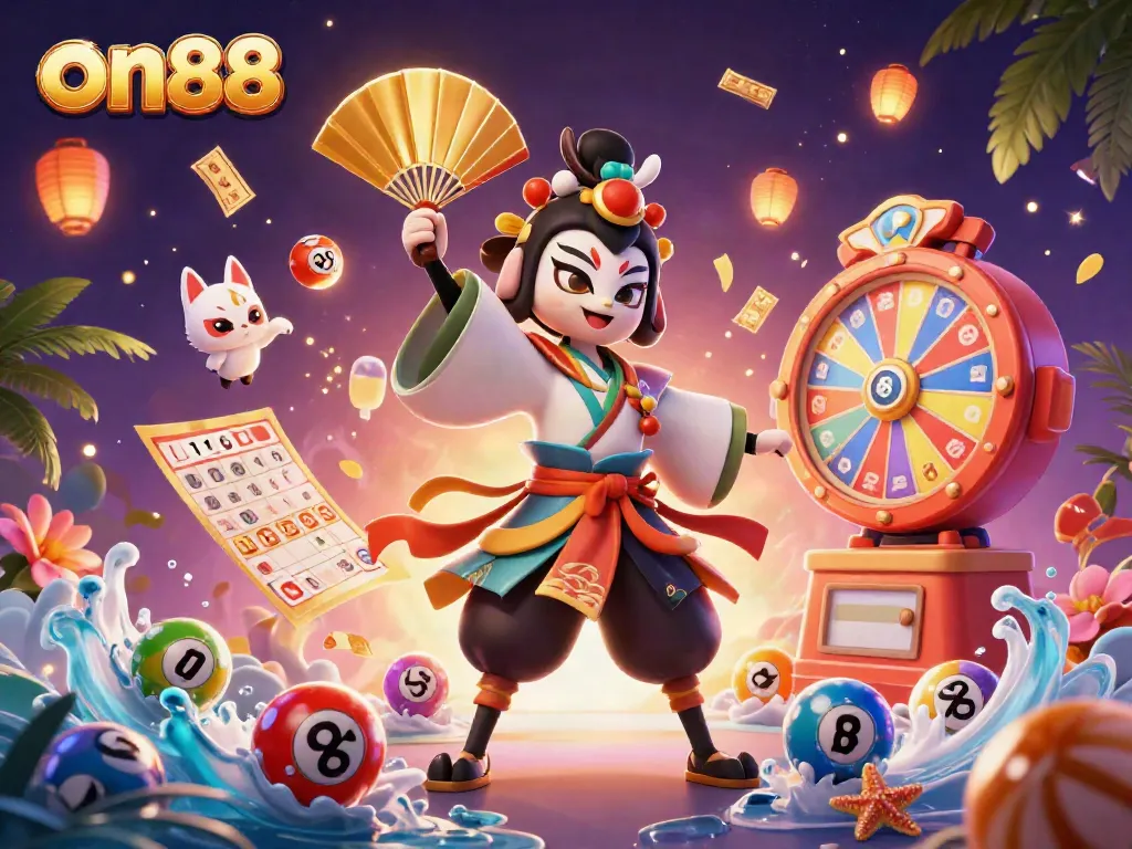 Engaging on88 casino scene featuring vibrant lottery elements and a kabuki warrior