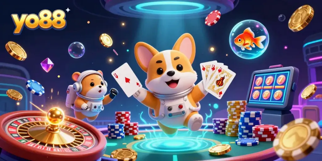 Experience thrilling gameplay at yo88 with a floating corgi in space among casino elements.