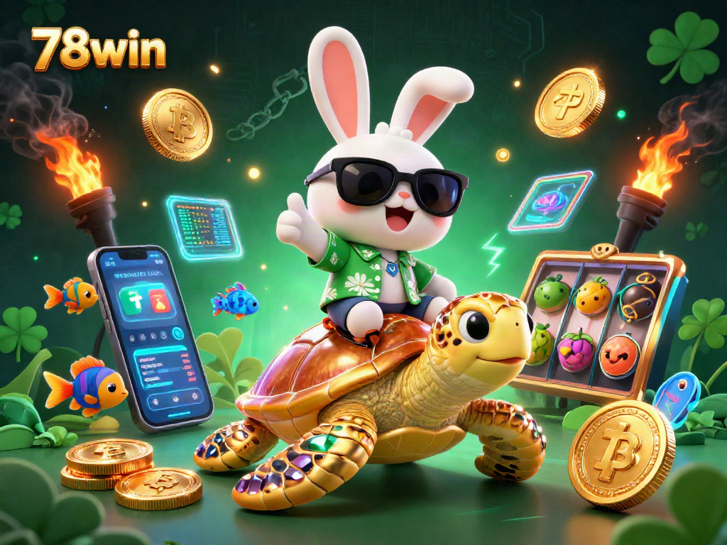 Play and win big at 78win with the lucky rabbit riding a golden turtle and exciting casino elements!