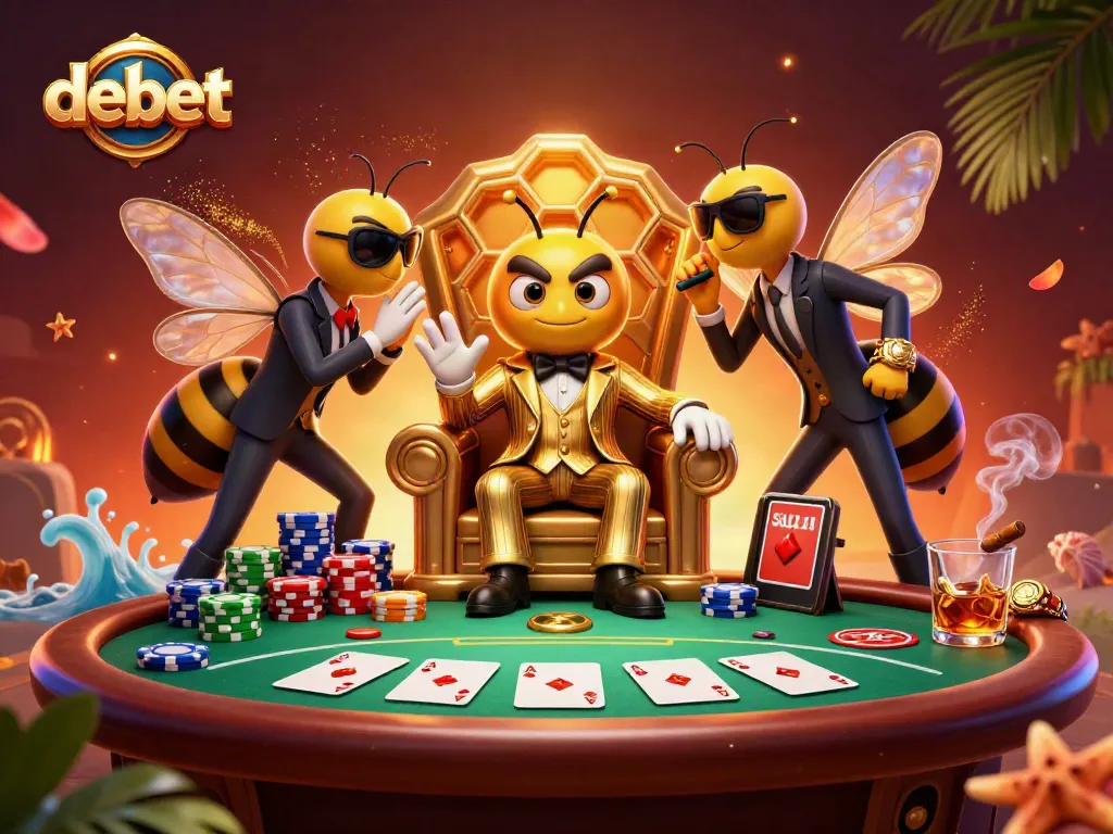 Engage in high-stakes poker action with debet's vibrant casino scene surrounded by colorful poker chips.