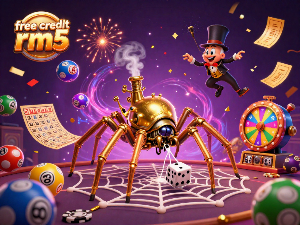 Engage with free credit rm5 while exploring vibrant casino elements in a whimsical illustration.