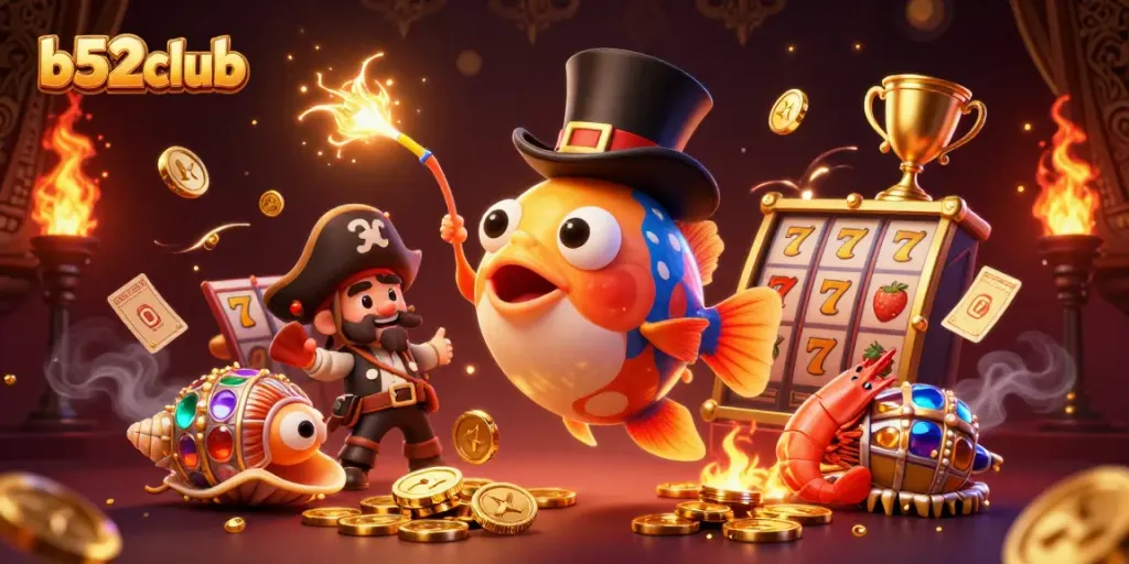 Bets and wins at b52club with a vibrant deep-sea themed casino scene filled with golden treasures.