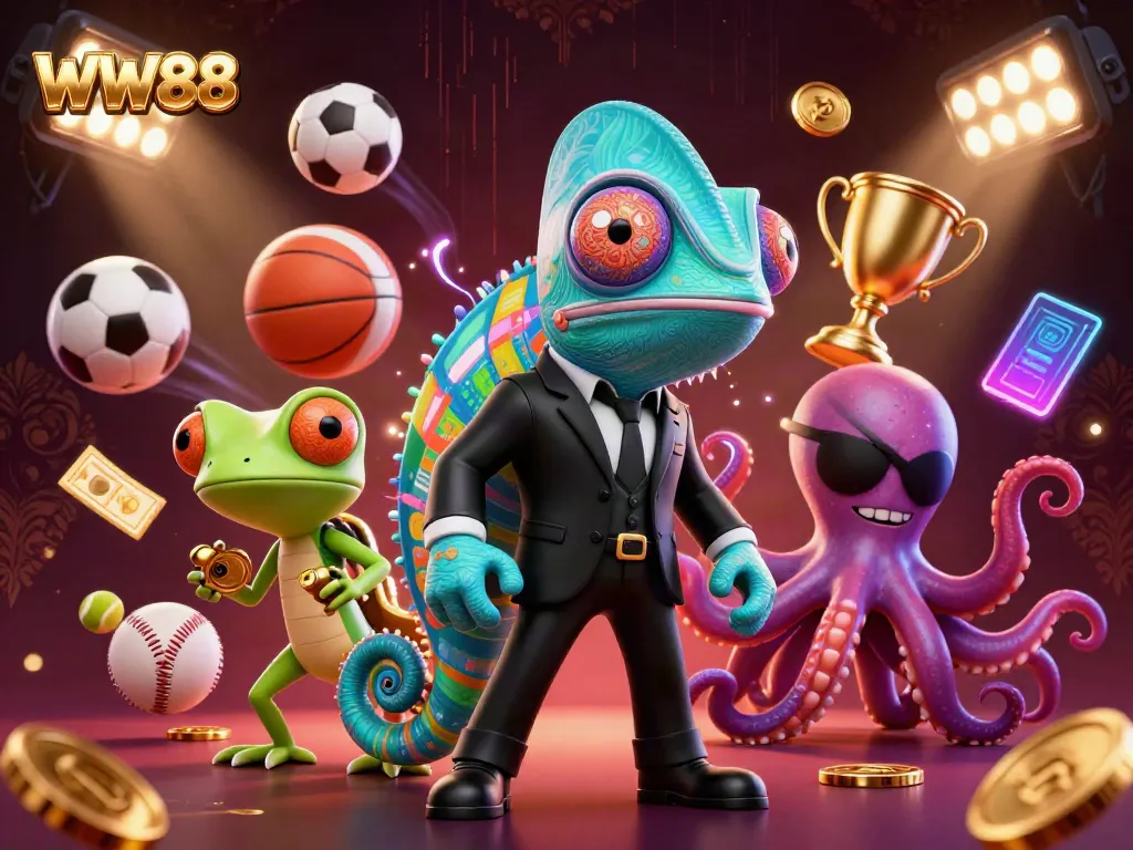 Experience the thrilling world of WW88 with a colorful 3D casino scene featuring dynamic characters and elements.