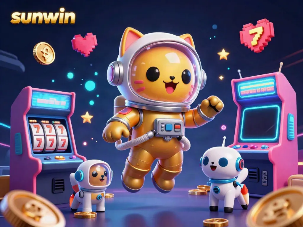 Experience the excitement of sunwin with a playful astronaut cat and robot dog in a vibrant 3D casino scene.