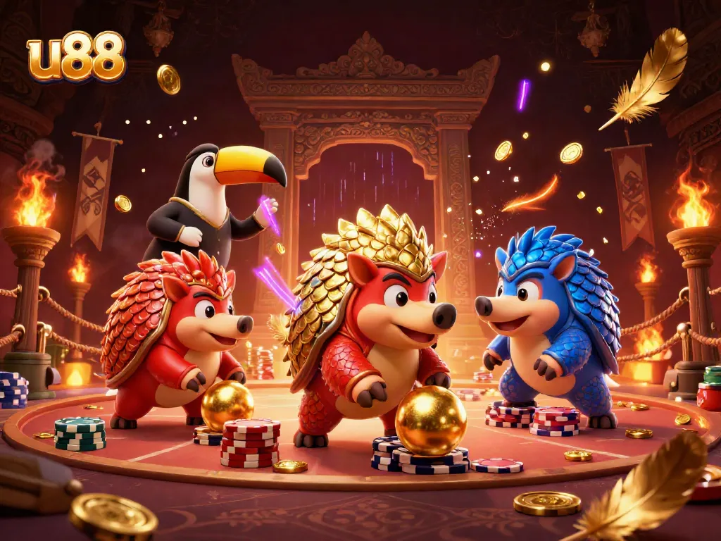 Experience excitement at u88 with rival pangolins bowling through poker chips in a vibrant casino scene.