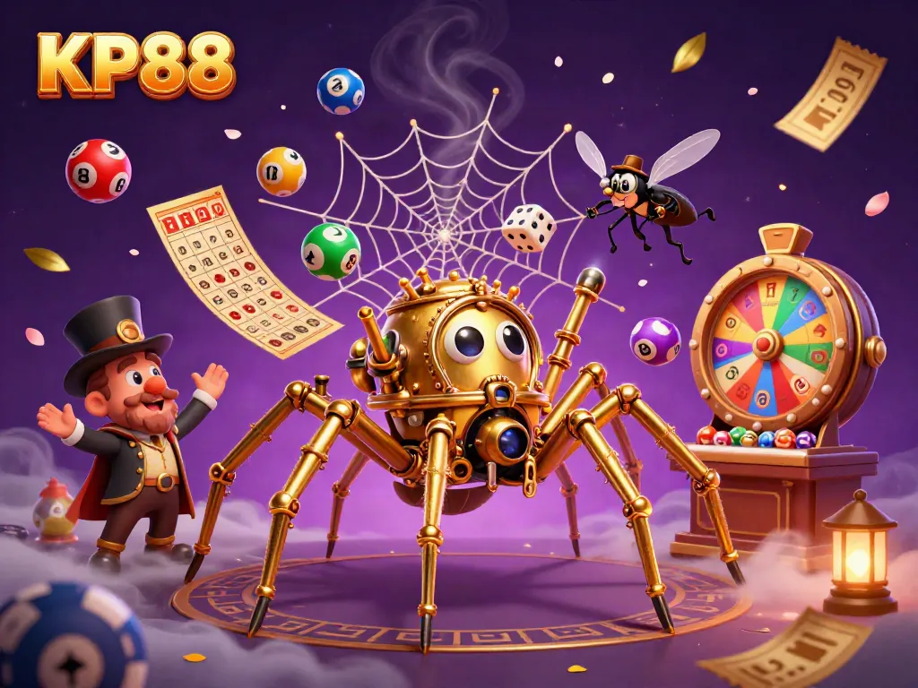 Engage with KP88's enchanting world, where a steampunk spider weaves luck among vibrant lottery elements.