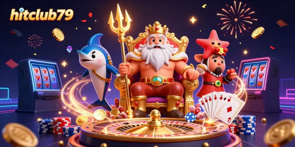 Win big at hitclub79 with Neptune surrounded by gold coins and a vibrant casino atmosphere.