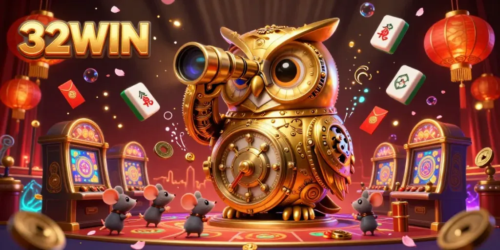 Experience thrilling moments with 32WIN's animated casino scene, featuring a golden owl and playful patrons.