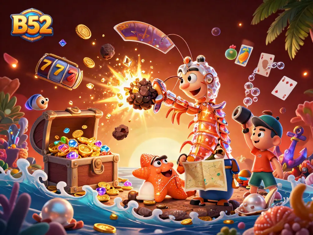B52 players enjoy a vibrant slot jackpot scene filled with gems and coins, showcasing thrilling casino action.