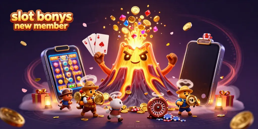 Engage with the slot bonus new member promotion while enjoying a vibrant casino-themed illustration.