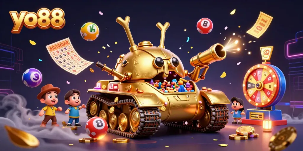 Experience the excitement of yo88 with a dynamic casino scene featuring golden elements and vibrant game action.