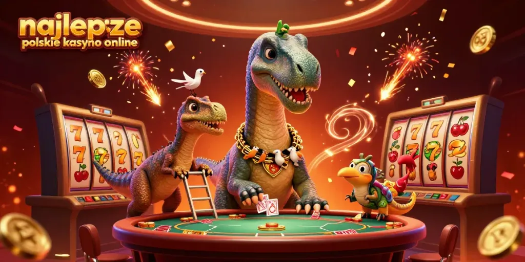 Engage with the najlepsze polskie kasyno online featuring a giant brontosaurus at a bustling poker scene.
