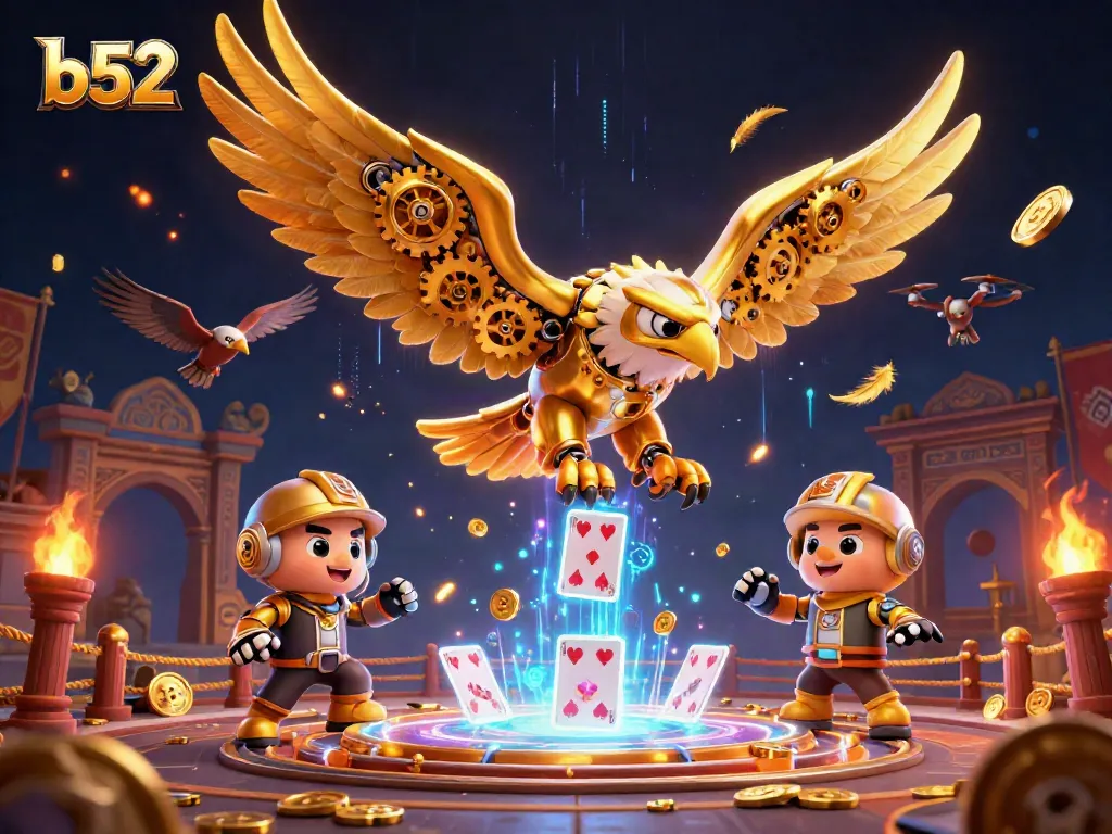 Action-packed scene showcasing b52-themed cybernetic eagle and falcon wingmen cascading through holographic cards at an ancient casino arena.