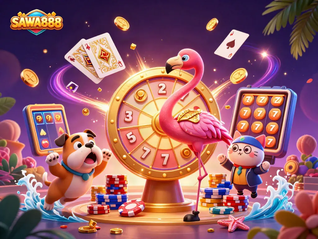 Experience SAWA888 excitement with vibrant 3D gaming illustration showcasing animated characters and casino elements.