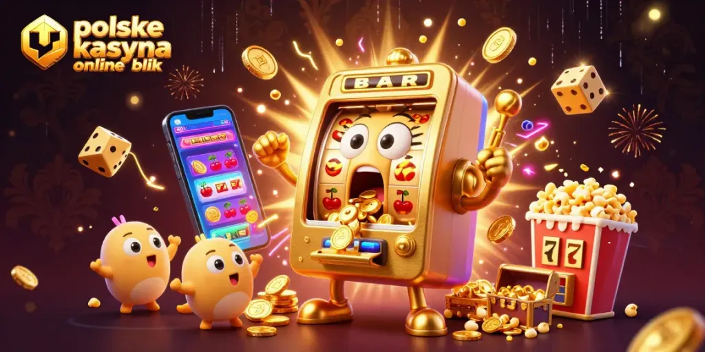 Spin to win at polskie kasyna online blik with a golden slot machine hitting a jackpot, surrounded by festive elements!