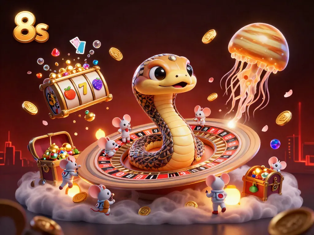 Experience thrilling bets with 8s as cartoon astronaut mice gamble at a cosmic roulette!