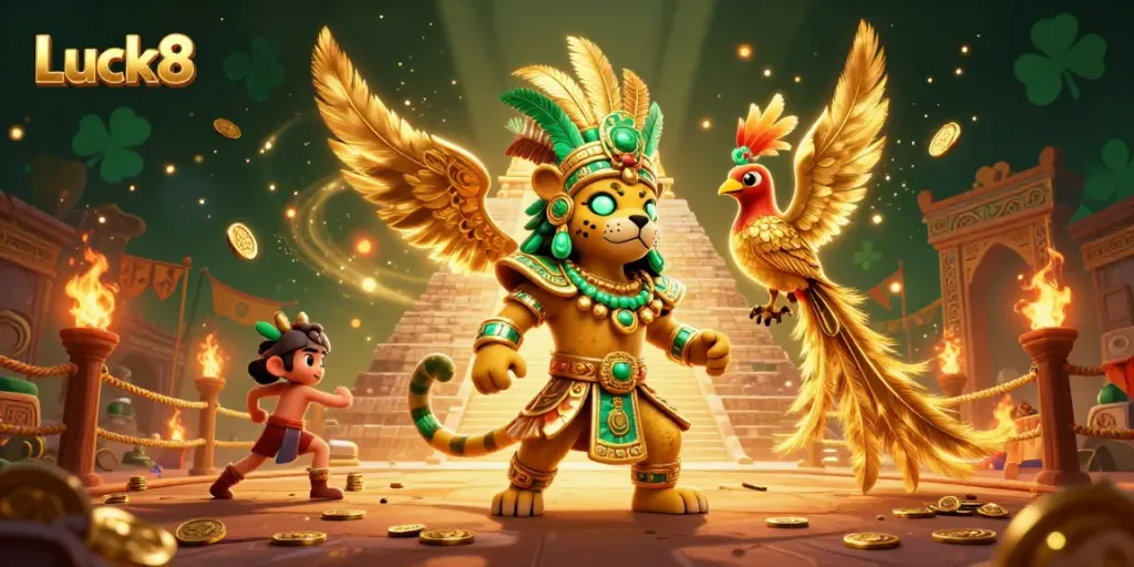 Experience thrill at Luck8 with a Mayan jaguar priest and treasure-filled casino atmosphere.