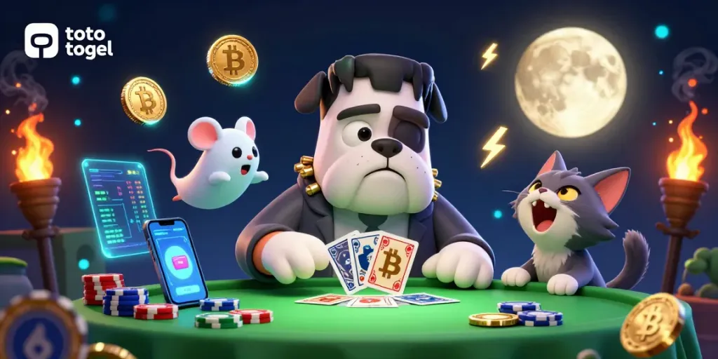 Engage in thrilling toto togel games illustrated with a spooky casino scene featuring unique characters and vibrant elements.
